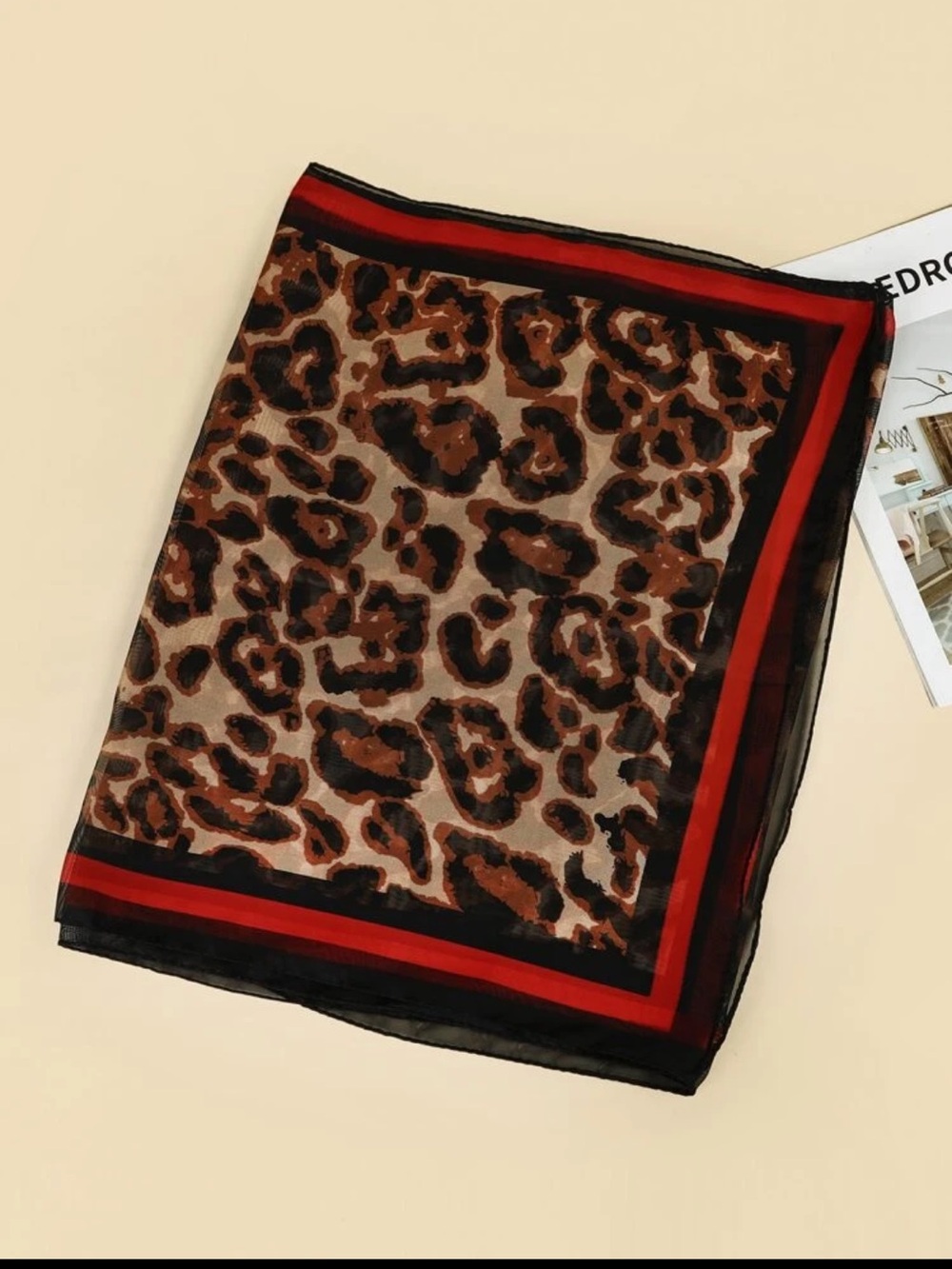 Sheer Leopard Print Scarf with Red-Black Border - Picture 4 of 7